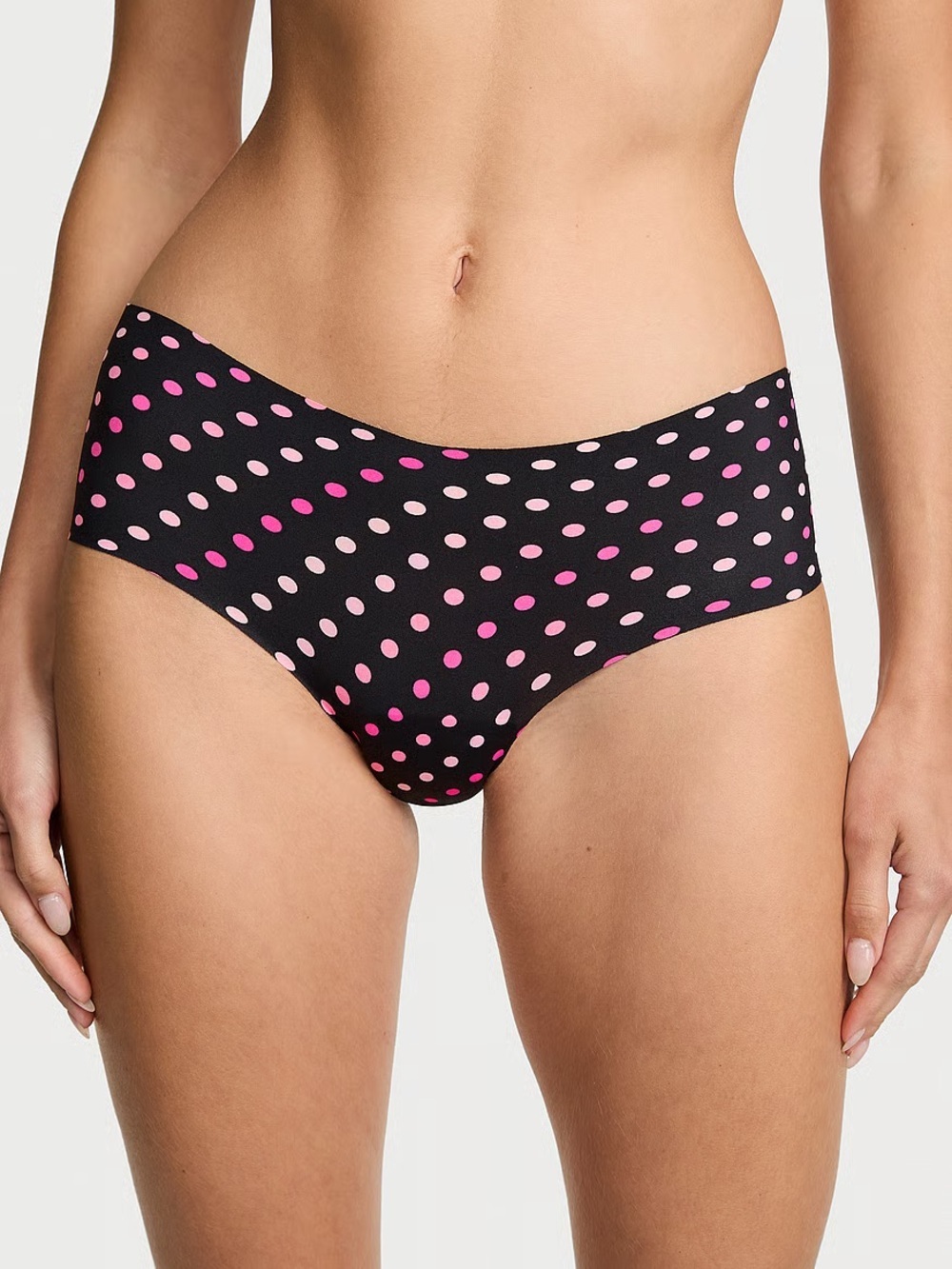 Victoria's Secret No-Show Thong Panty featuring a black and pink polka dot print